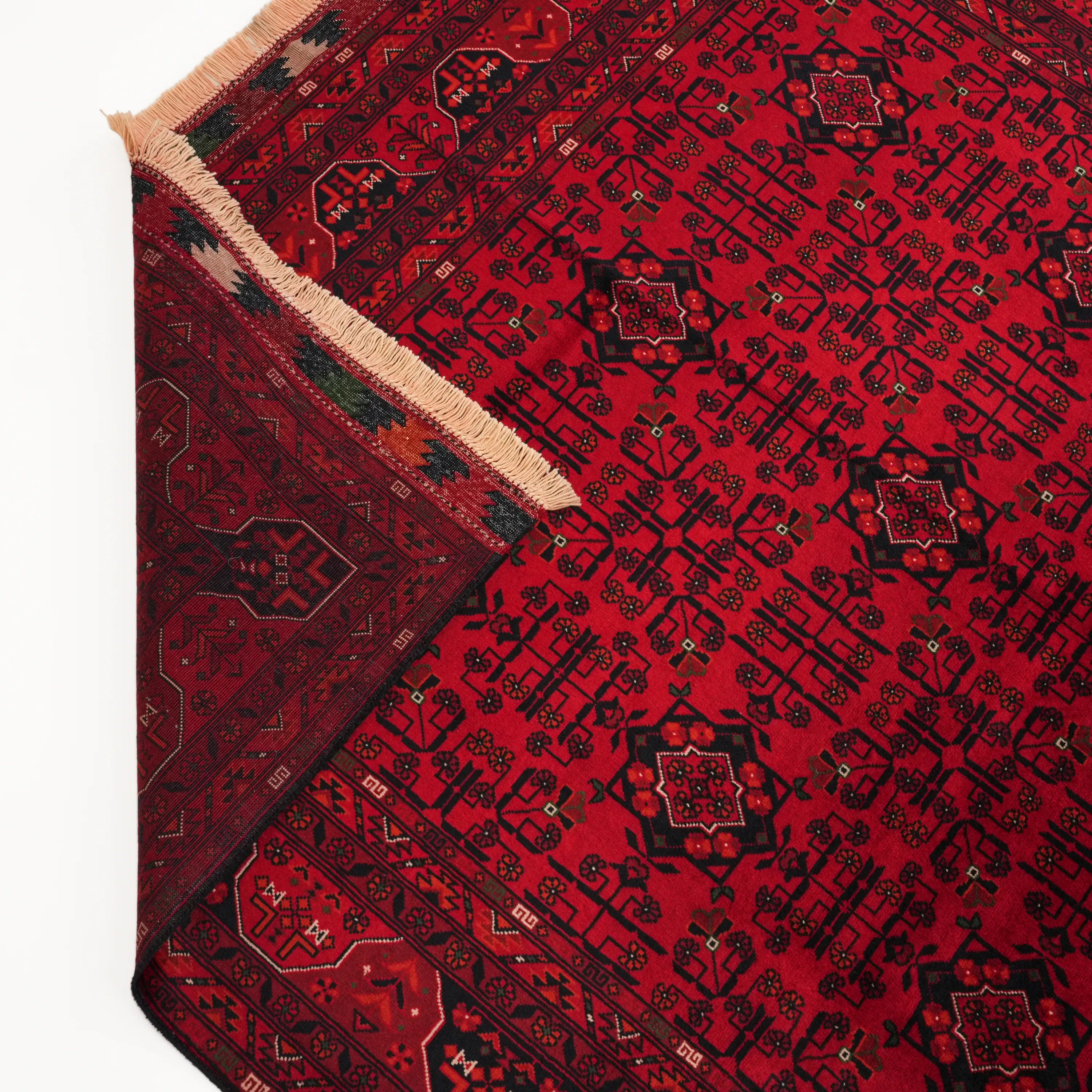 El Dokuma Bordo Afgan Desenli Bordo Yün İnce Bilicik Halı