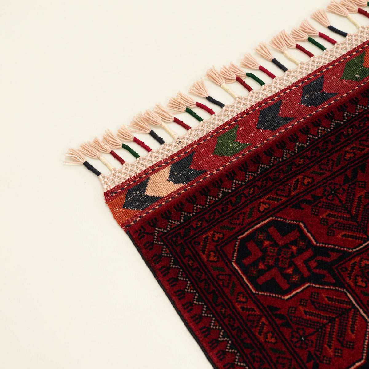 El Dokuma Bordo Afgan Desenli Yün Etnik Bilicik Halı — yatak odası halısı
