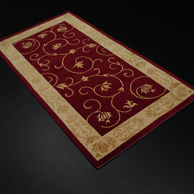 Burgundy Floral Frame Hand-Knotted Wool Rug with Silk, 76×154 – 80×153 cm Halıcızade