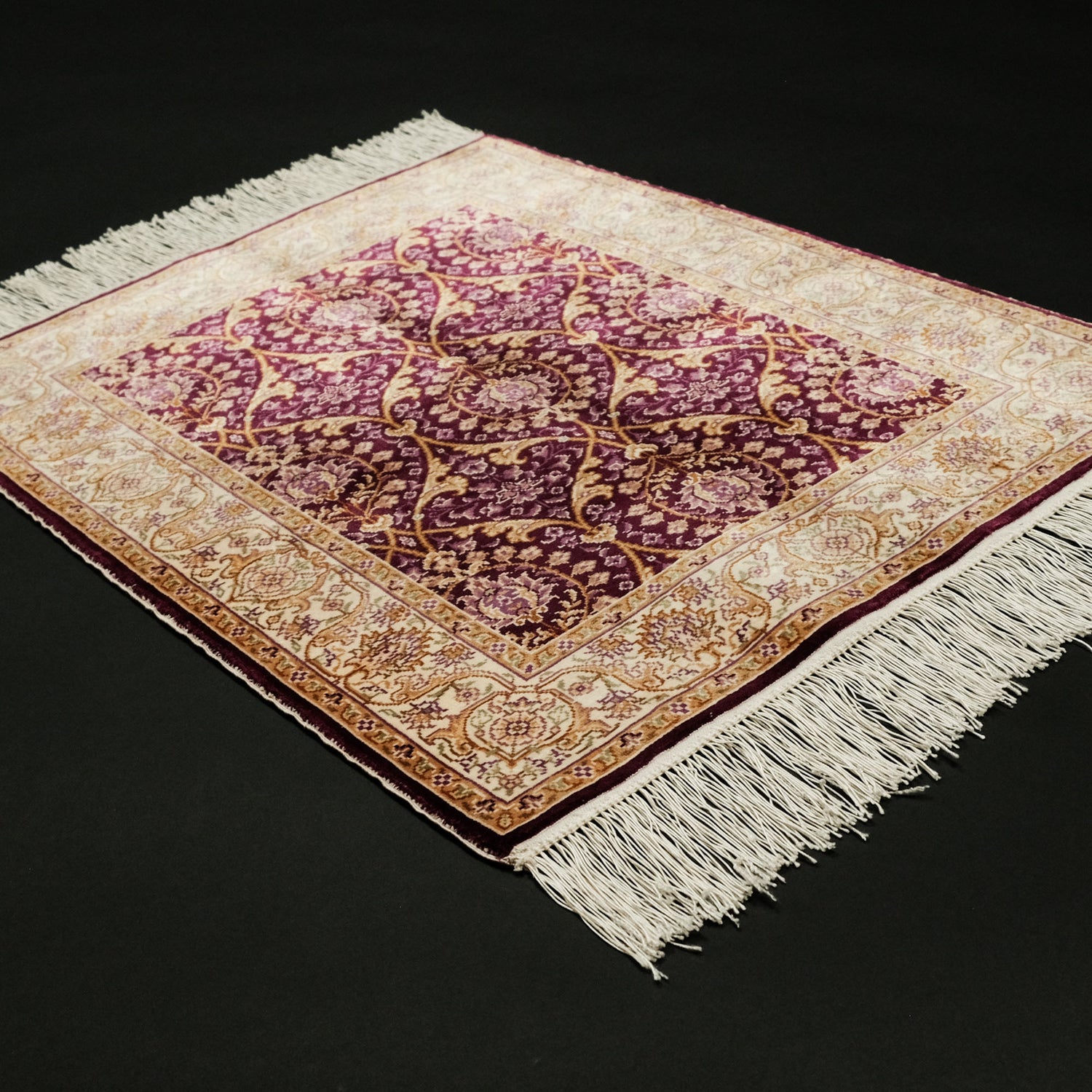 El Dokuma Çerçeve Desenli İpekli Klasik Mor Halı, 53x67 cm — Halıcızade