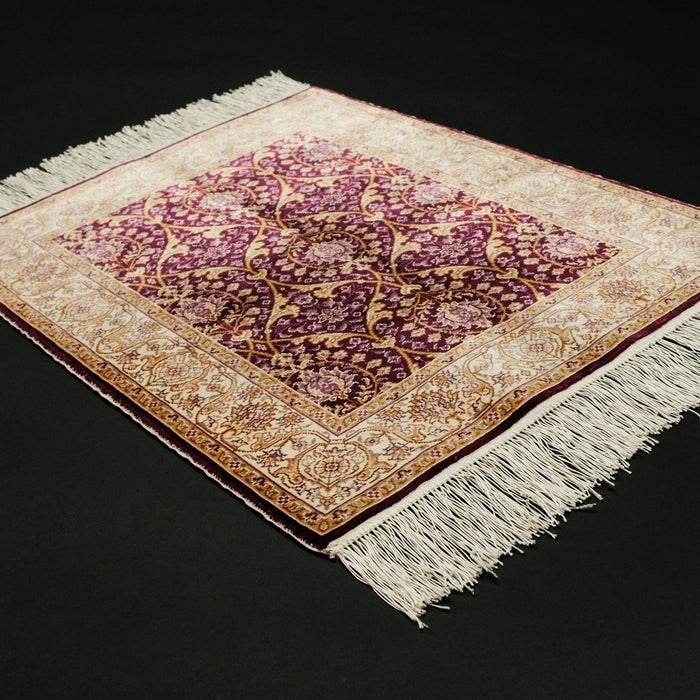 El Dokuma Çerçeve Desenli İpekli Klasik Mor Halı, 53x67 cm — Halıcızade