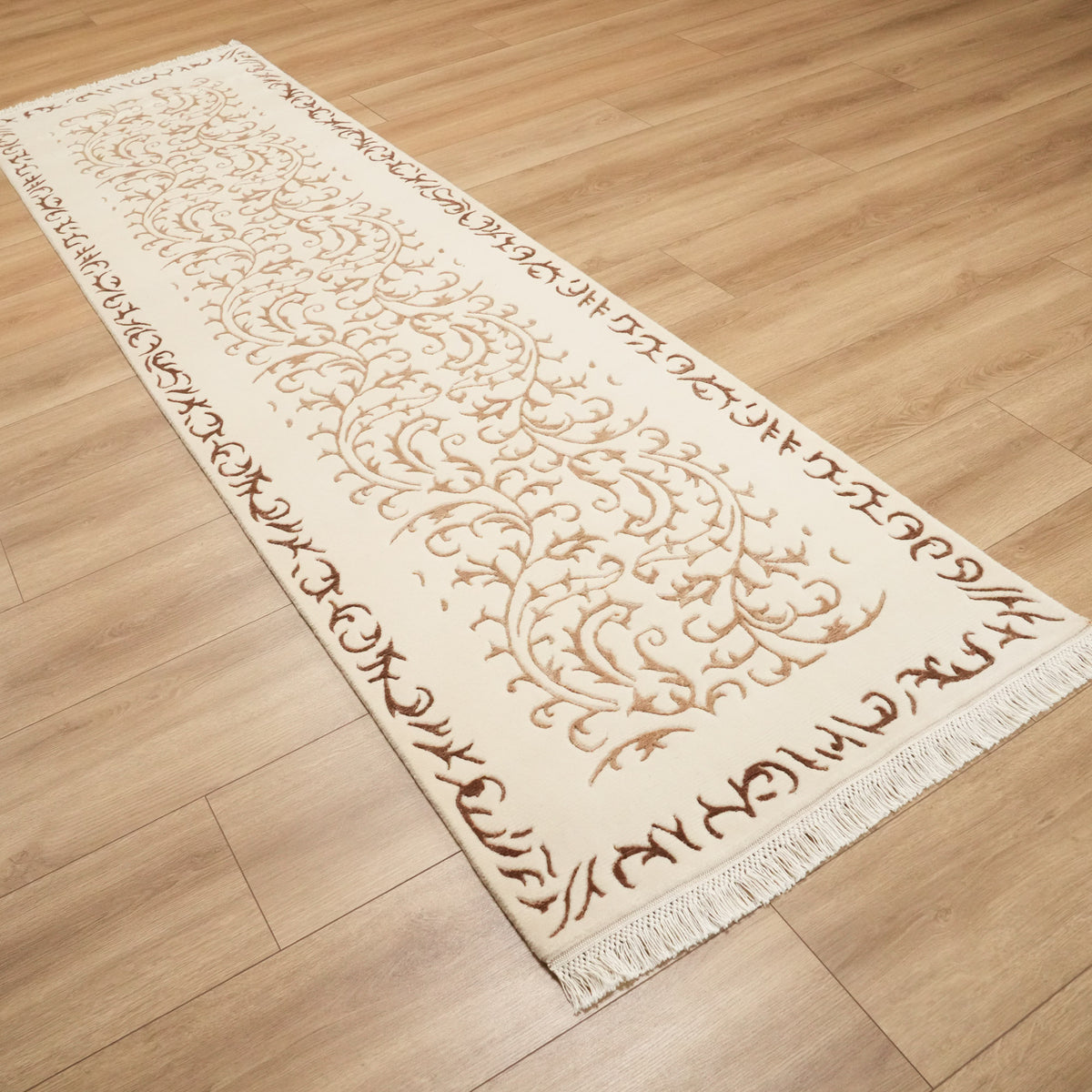 El Dokuma Çerçeve Desenli Krem Halı, 81x294 cm — Halıcızade