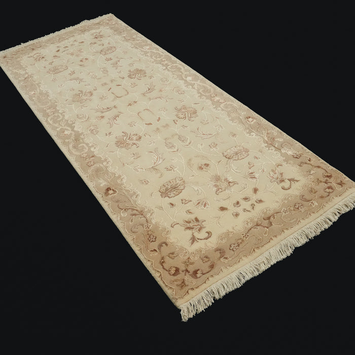 El Dokuma Çerçeve Desenli Krem Yün Halı, 81x198 cm — Halıcızade
