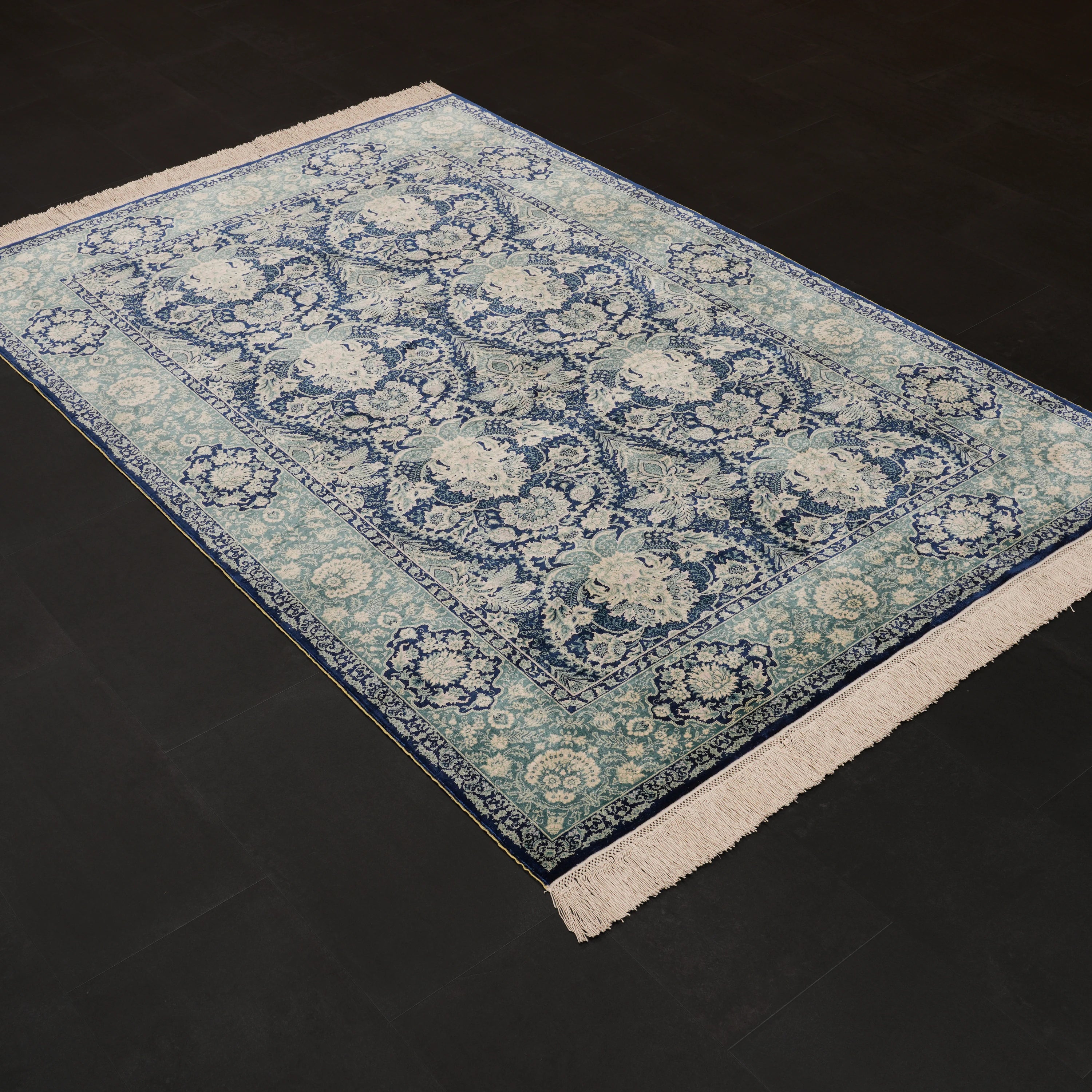 Handwoven Frame Pattern Pure Silk Blue Rug