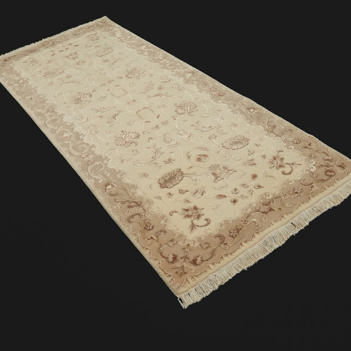 El Dokuma Çerçeve Desenli Yün Krem Halı, 84x197 cm — Halıcızade