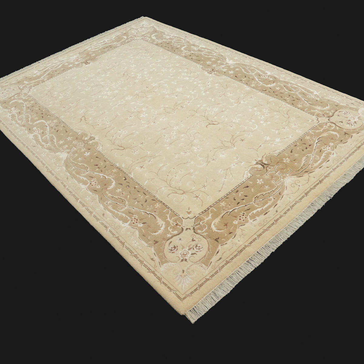 El Dokuma Çerçeve Desenli Yün Krem Halı, 169x243 cm — Halıcızade