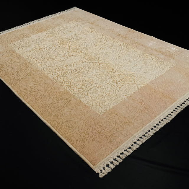 El Dokuma Çerçeve Desenli Yün Krem Halı, 204x280 cm — Halıcızade