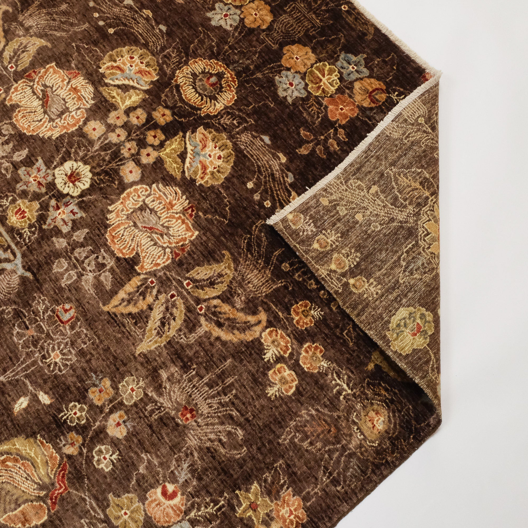 Hand-Woven Flower Patterned Brown Wool Carpet