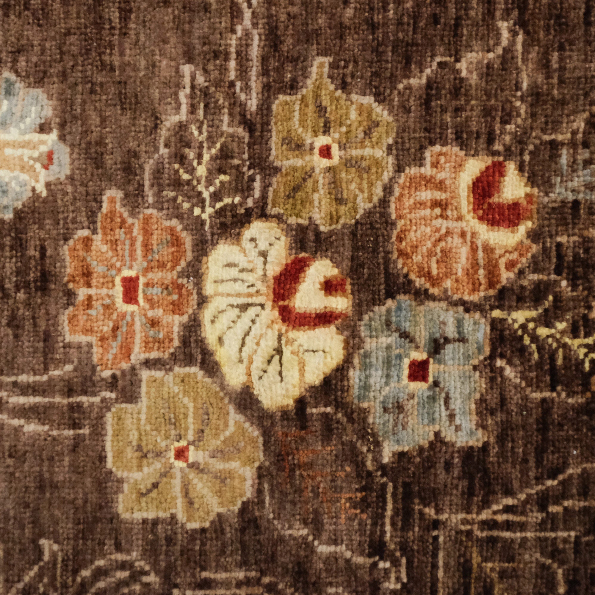 Hand-Woven Flower Patterned Brown Wool Carpet