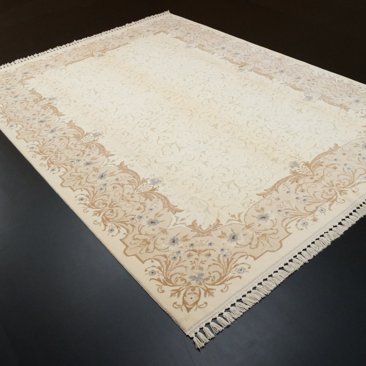Cream Floral Hand-Knotted Wool and Viscose Rug, 253x344 cm — Halıcızade