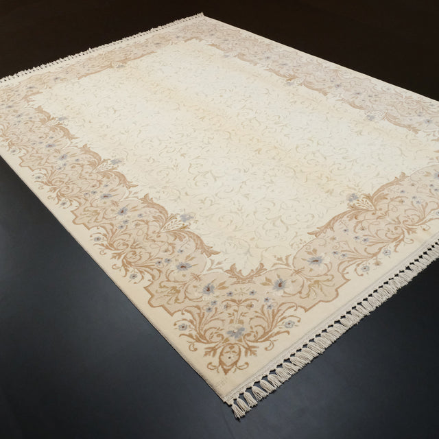 El Dokuma Çiçek Desenli  Krem Viskon Klasik Halı, 253x344 cm — Halıcızade