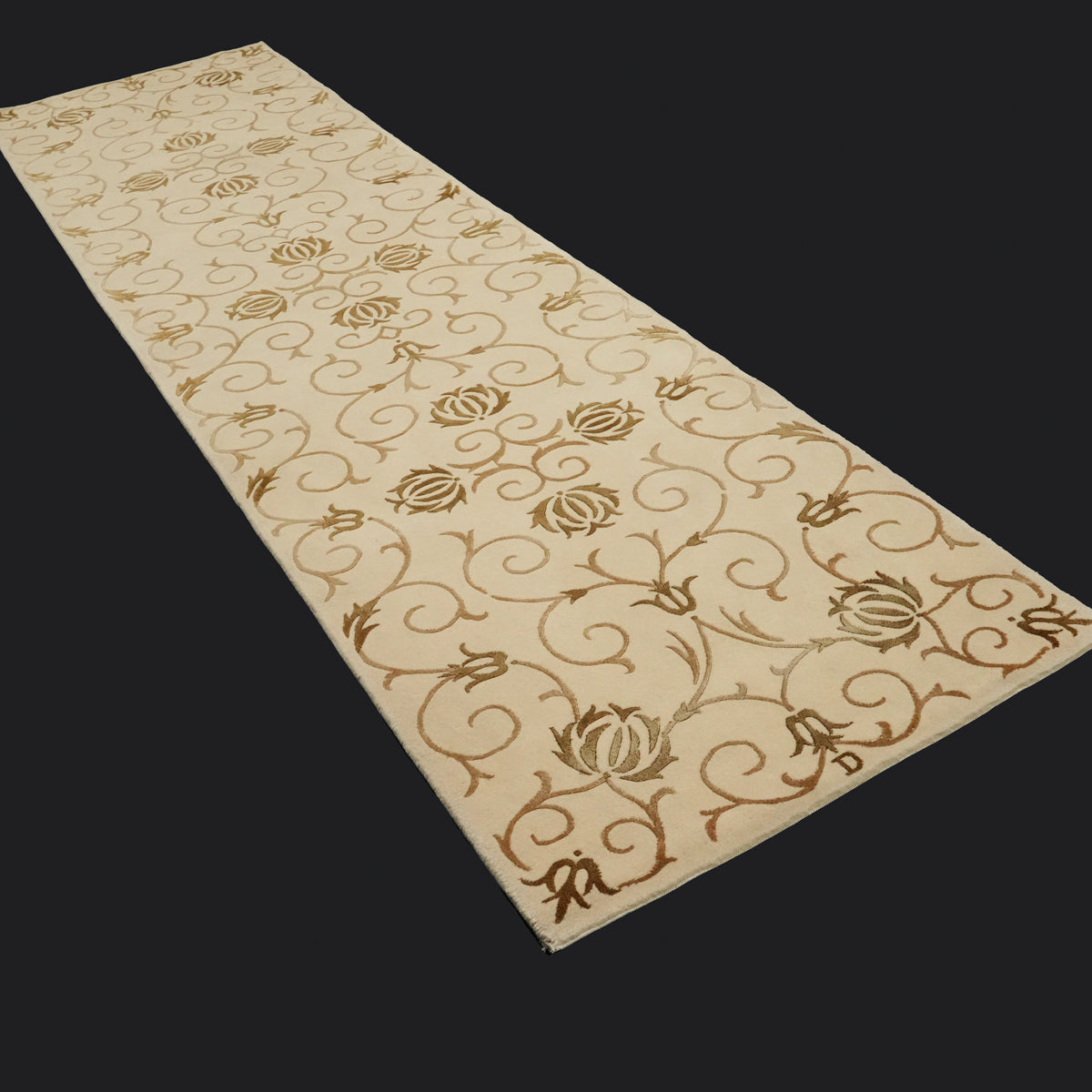 El Dokuma Çiçek Desenli Krem Yün Halı, 82x308 cm — Halıcızade