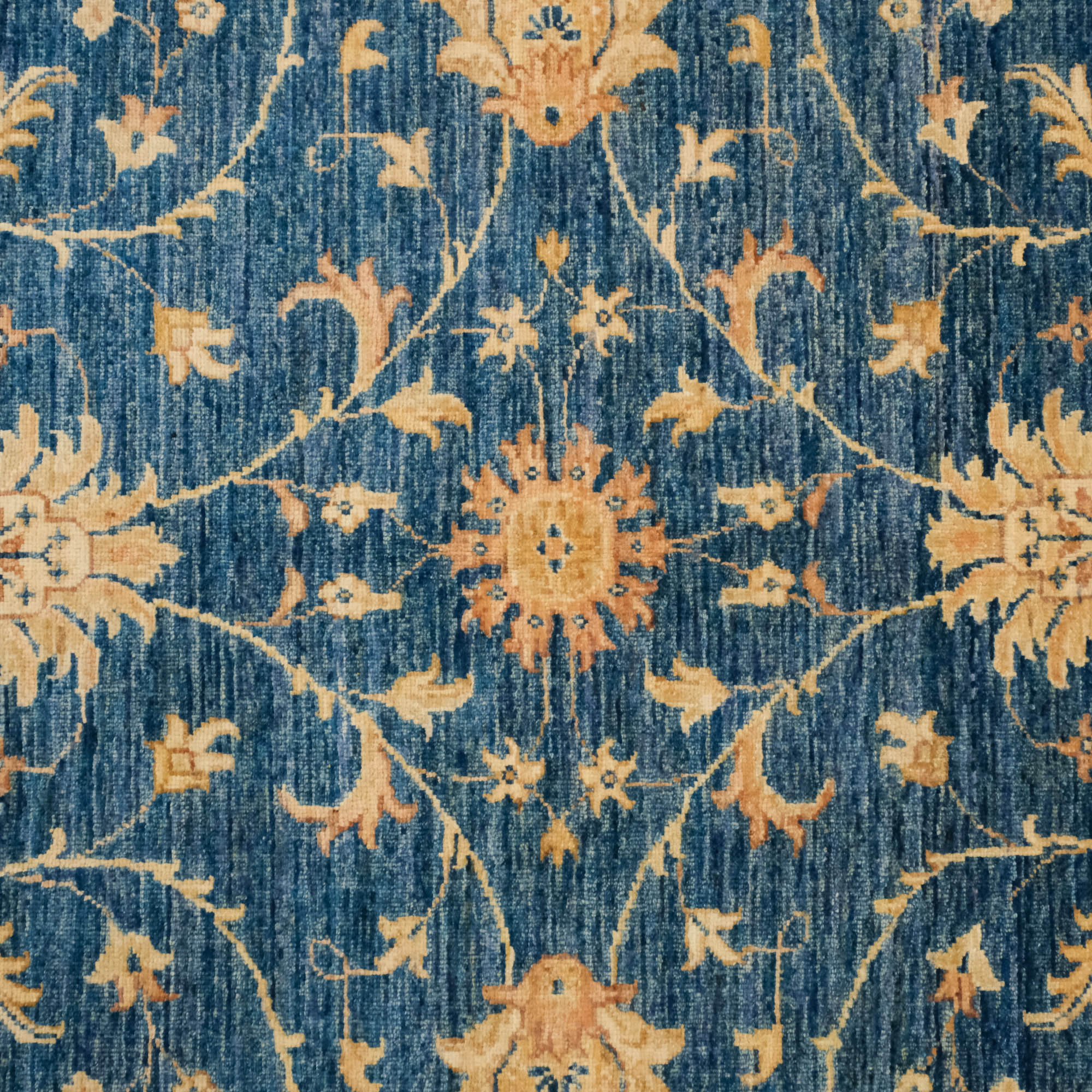 Hand-Woven Flower Patterned Blue Wool Carpet