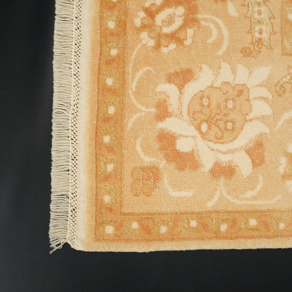 Cream Floral Hand-Knotted Wool and Silk Rug