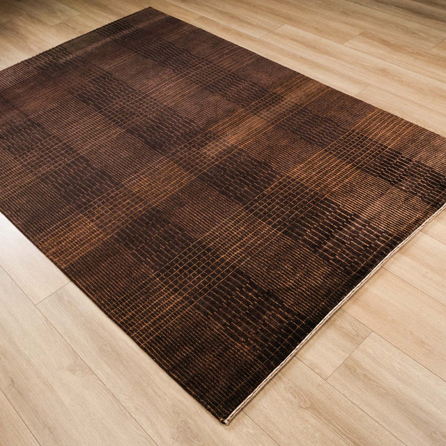El Dokuma Çizgi Desenli Kahverengi Yün Halı, 163x240 – 174x244 cm — Halıcızade