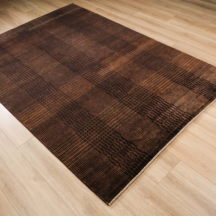 El Dokuma Çizgi Desenli Kahverengi Yün Halı, 163x240 – 174x244 cm — Halıcızade
