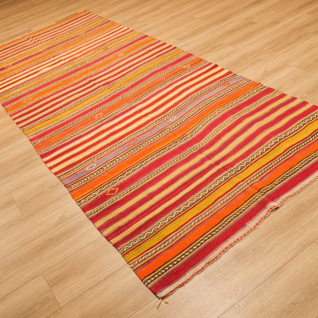 El Dokuma Çizgi Desenli Sandık Eskisi Konya Çubuklu Kilimi, rengarenk, 152x376 cm — Halıcızade
