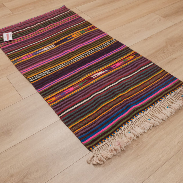 El Dokuma Çizgi Desenli Yün Konya Nuzumla Köyü Çubuklu Kilimi, rengarenk, 69x124 cm — Halıcızade