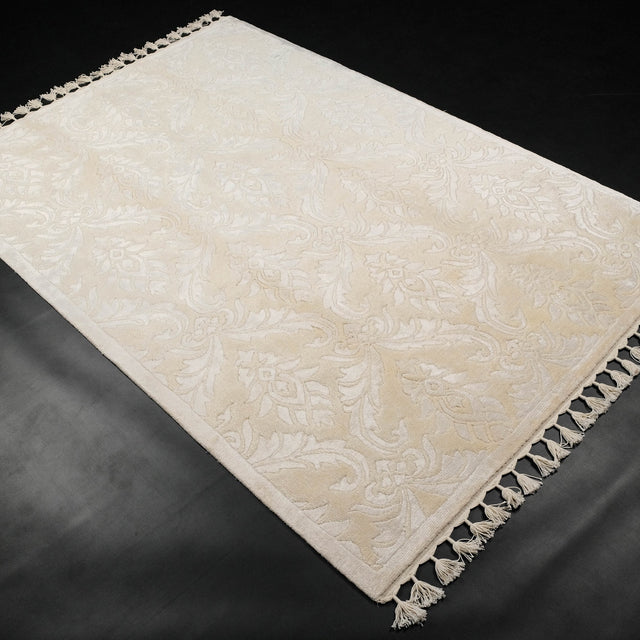 El Dokuma Damask Desenli Beyaz Bambu Halı, 140x200 – 250x350 cm — Halıcızade