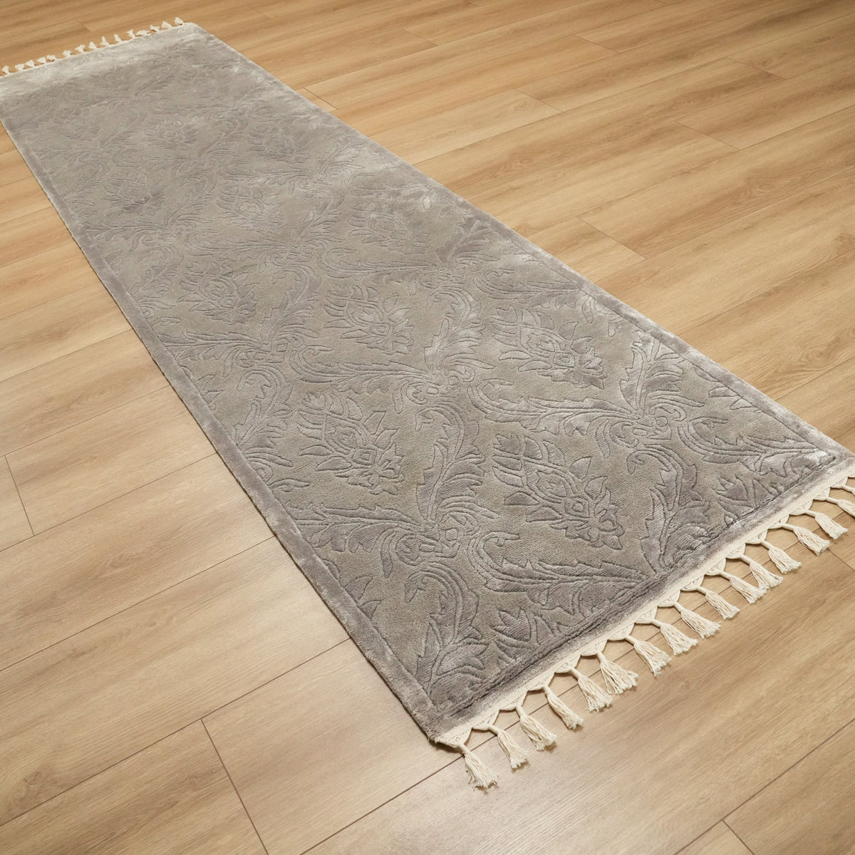 El Dokuma Damask Desenli Gri Bambu Halı, 80x300 cm — Halıcızade