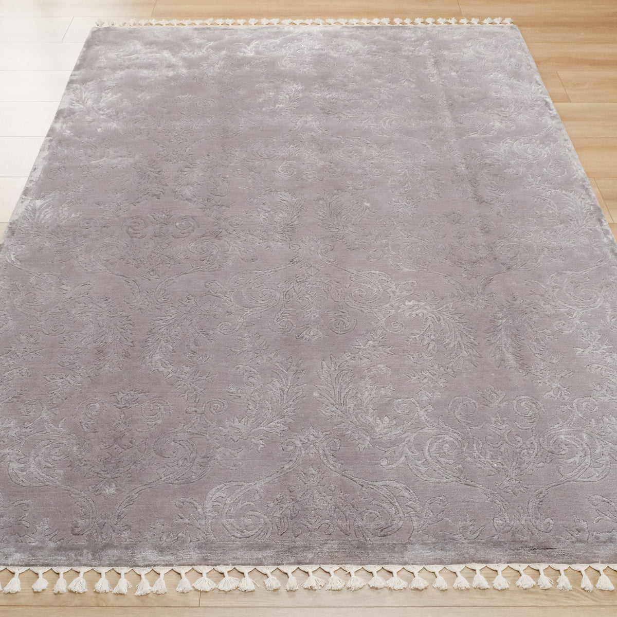 El Dokuma Damask Desenli Gri Halı — bambu