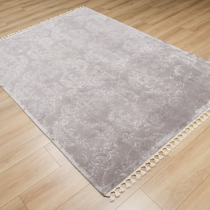 El Dokuma Damask Desenli Gri Halı, 90x300 – 200x300 cm — Halıcızade