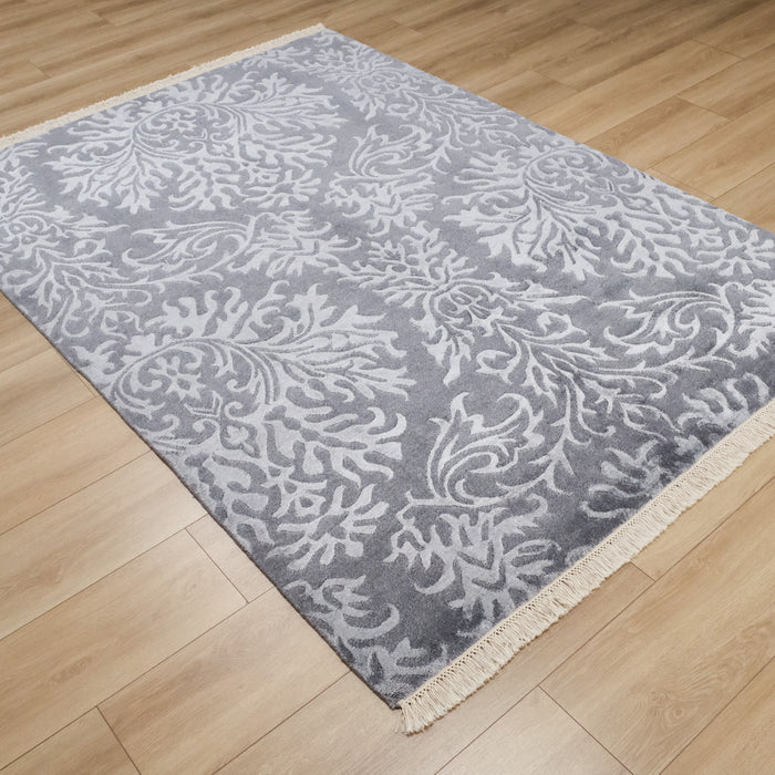 El Dokuma Damask Desenli Gri Yün Halı, 171x236 cm — Halıcızade