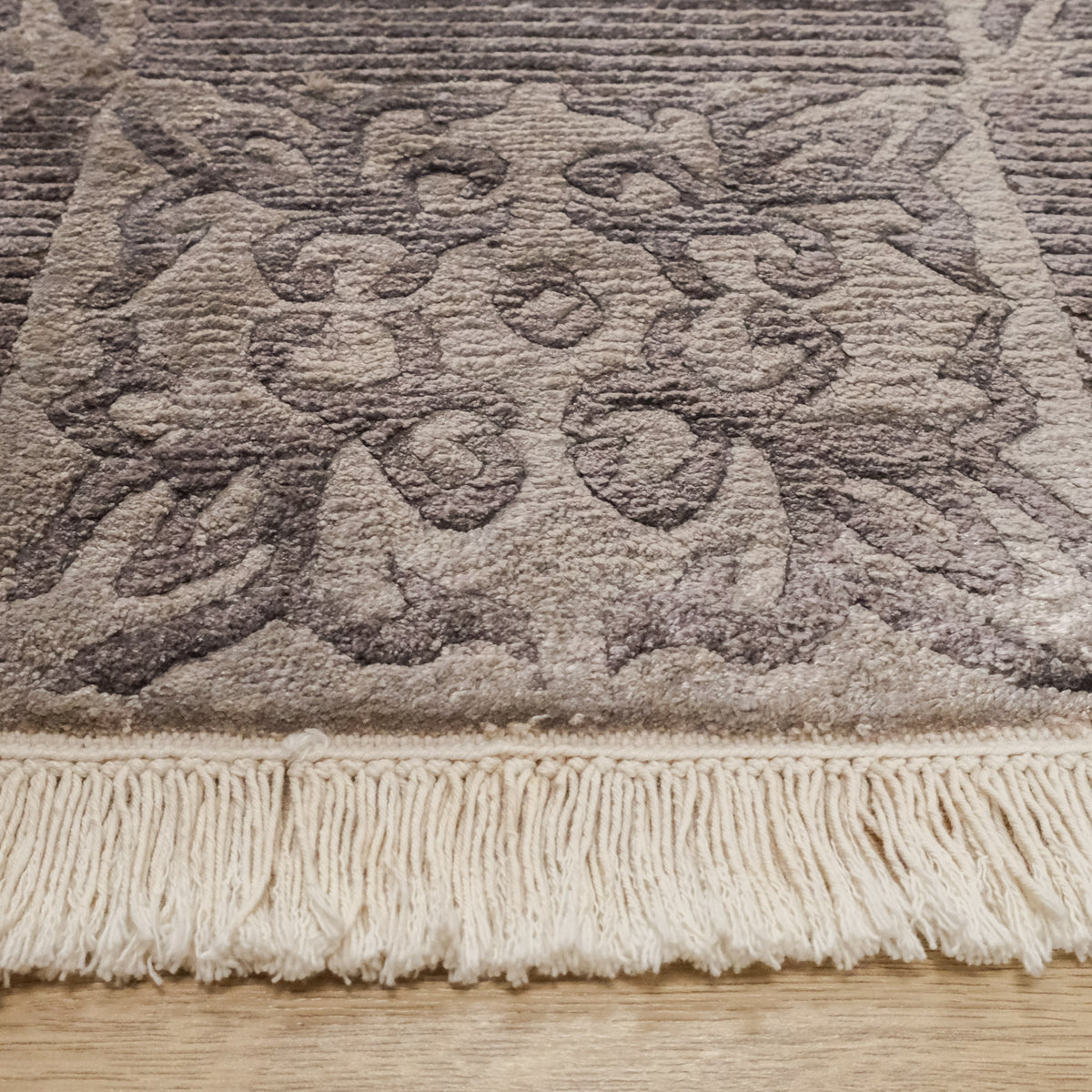 El Dokuma Damask Desenli Gümüş Bambu Halı — balkon halısı