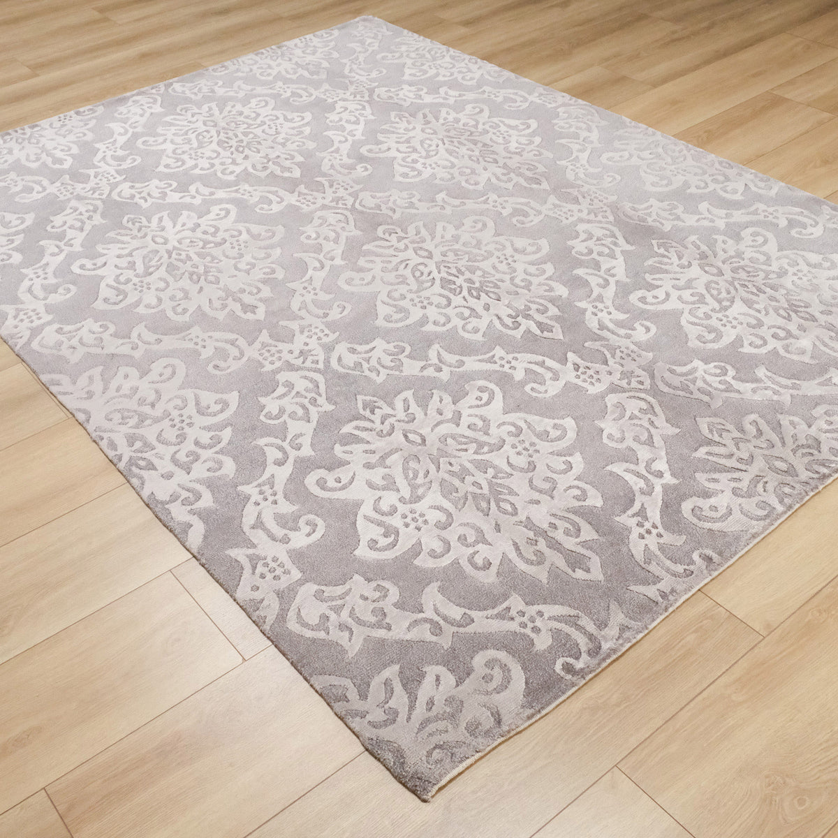 El Dokuma Damask Desenli Gümüş Yün Halı, gümüş, 175x240 – 200x300 cm — Halıcızade