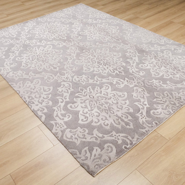 El Dokuma Damask Desenli Gümüş Yün Halı, gümüş, 175x240 – 200x300 cm — Halıcızade