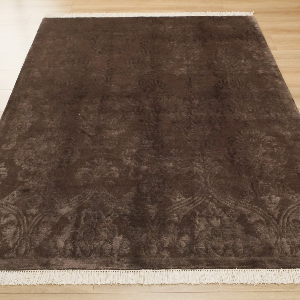 El Dokuma Damask Desenli Kahverengi Bambu Halı