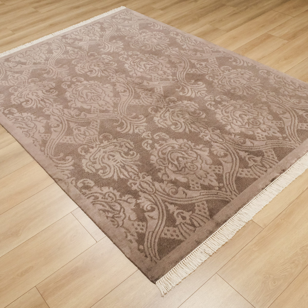 El Dokuma Damask Desenli Kahverengi Bambu Halı, 90x300 – 200x300 cm — Halıcızade