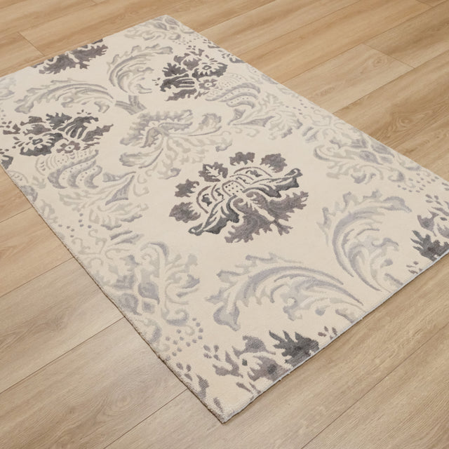 El Dokuma Damask Desenli Krem Bambu Viskon Halı, 90×150 cm Halıcızade