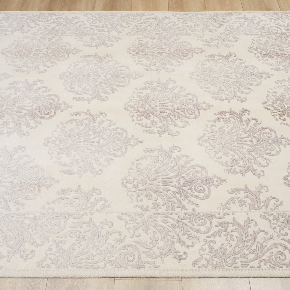 Cream Damask Hand-Knotted Wool Rug — bamboo
