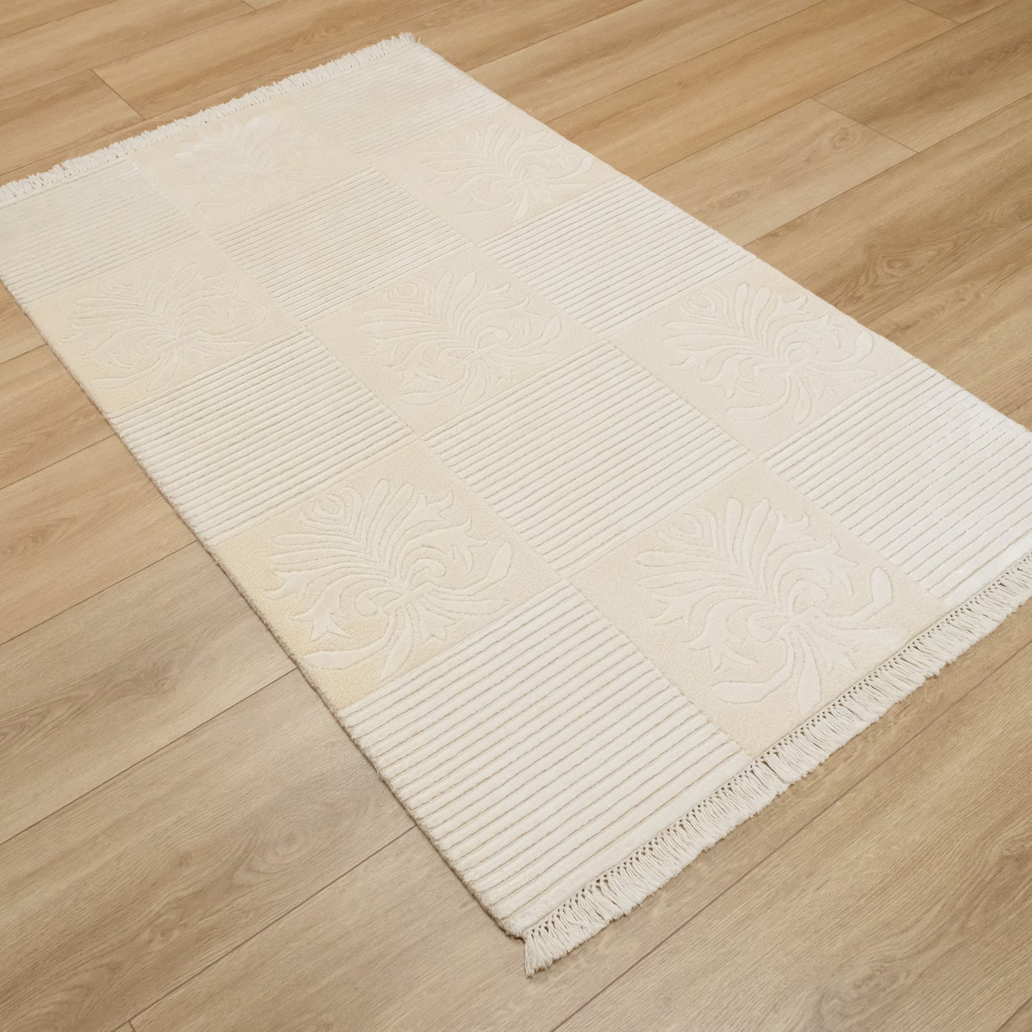 El Dokuma Damask Desenli Krem Modern Halı, 92x148 cm — Halıcızade