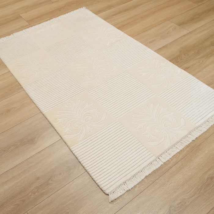 El Dokuma Damask Desenli Krem Modern Halı, 92x148 cm — Halıcızade