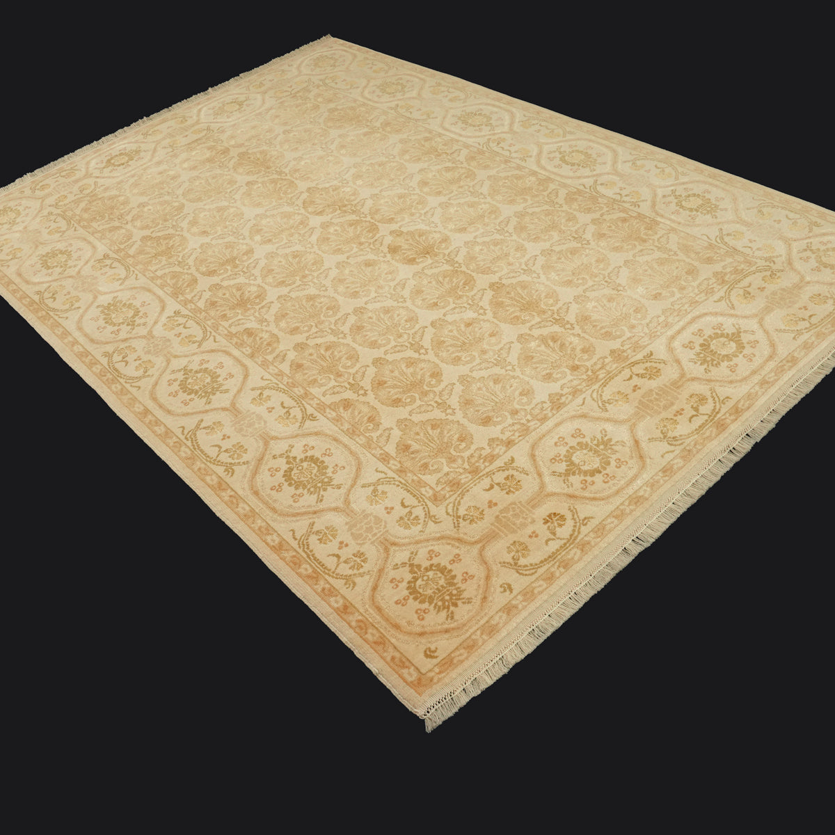 El Dokuma Damask Desenli Krem Yün Halı, 193x276 cm — Halıcızade