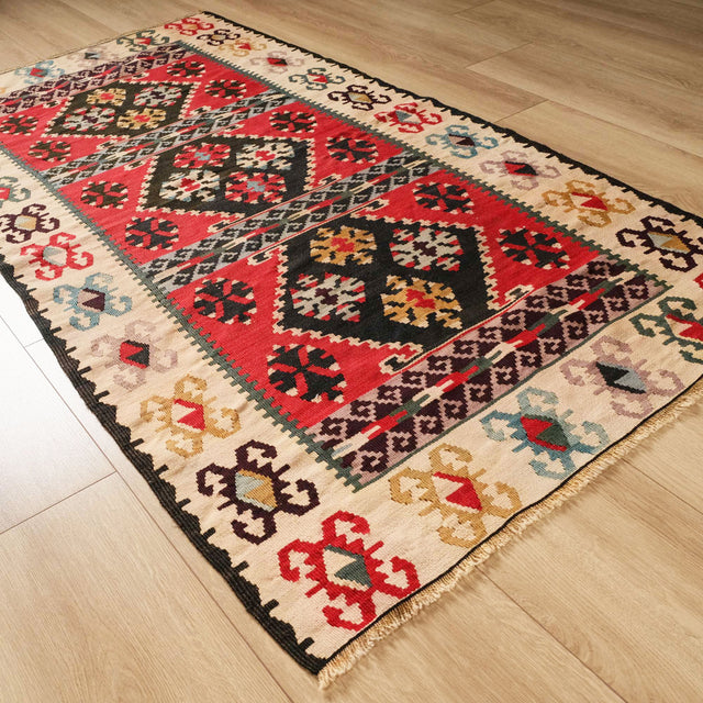 El Dokuma Etnik Tasarımlı Rengarenk Sandık Eskisi Yün Kilim, 95x184 cm — Halıcızade
