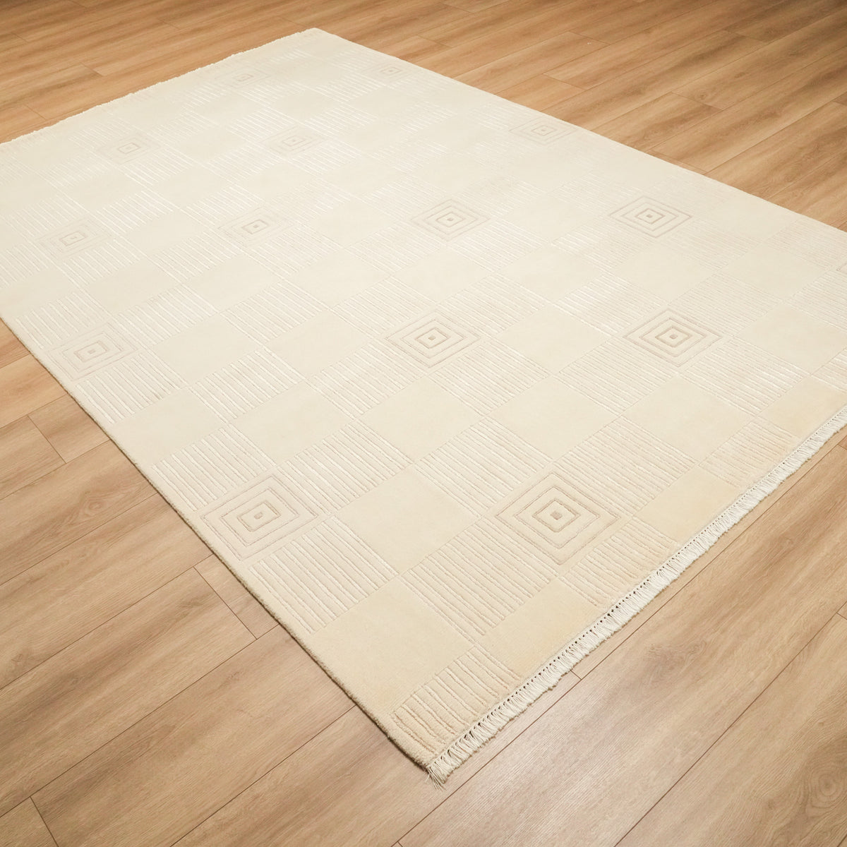 Cream Geometric Hand-Knotted Wool and Viscose Rug, 199x301 cm — Halıcızade