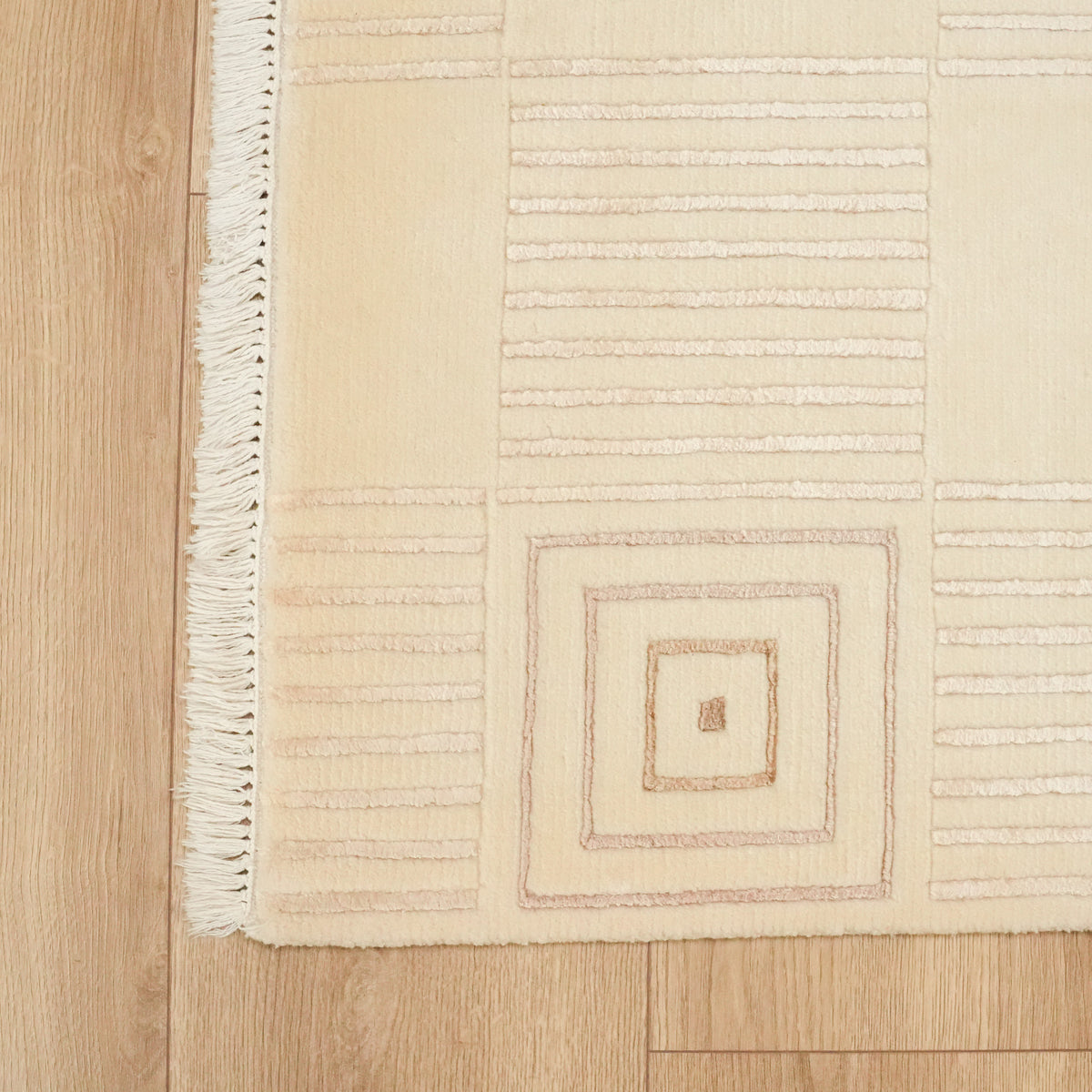 Cream Geometric Hand-Knotted Wool and Viscose Rug — modern design