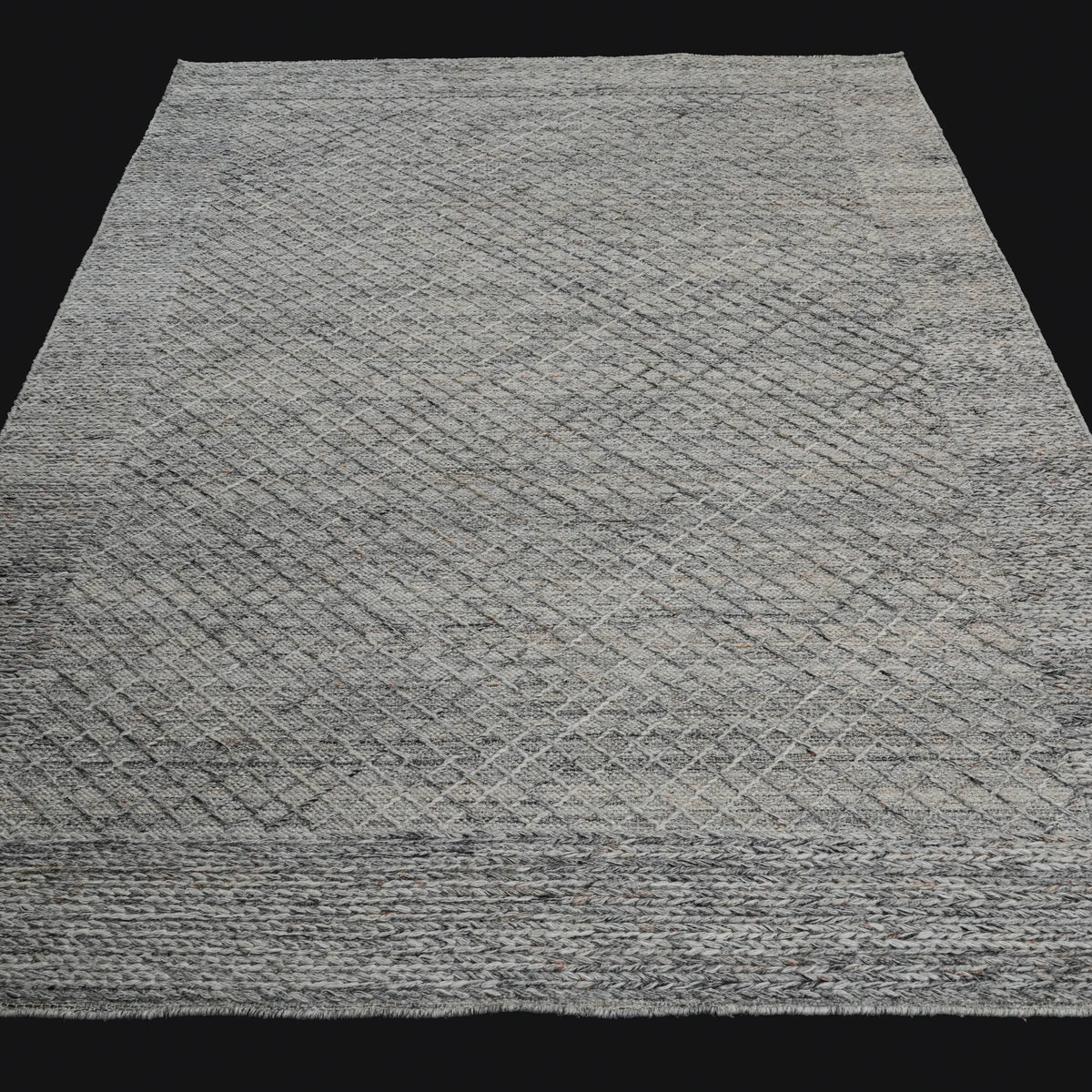 El Dokuma Geometrik Desenli Gri Yün Halı — 170x240 cm