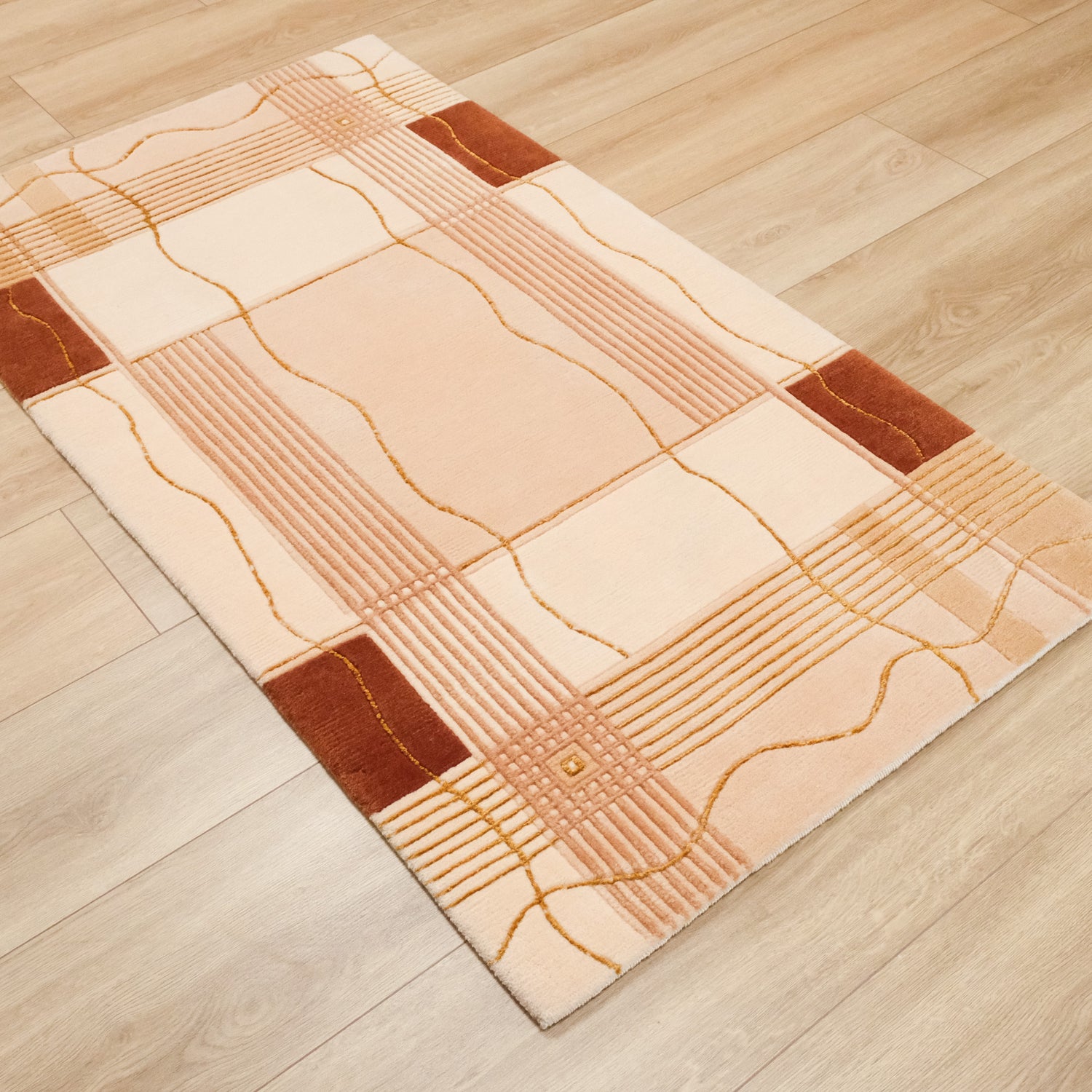 El Dokuma Geometrik Desenli Krem Viskon Halı, 80x150 cm — Halıcızade