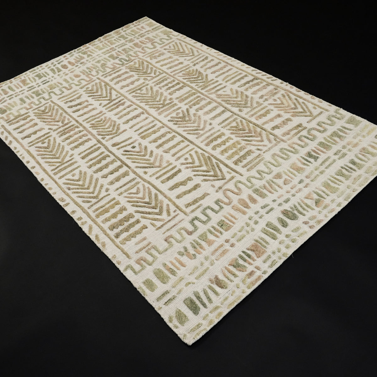El Dokuma Geometrik Desenli Krem Yeşil Halı, 120x180 – 200x300 cm — Halıcızade