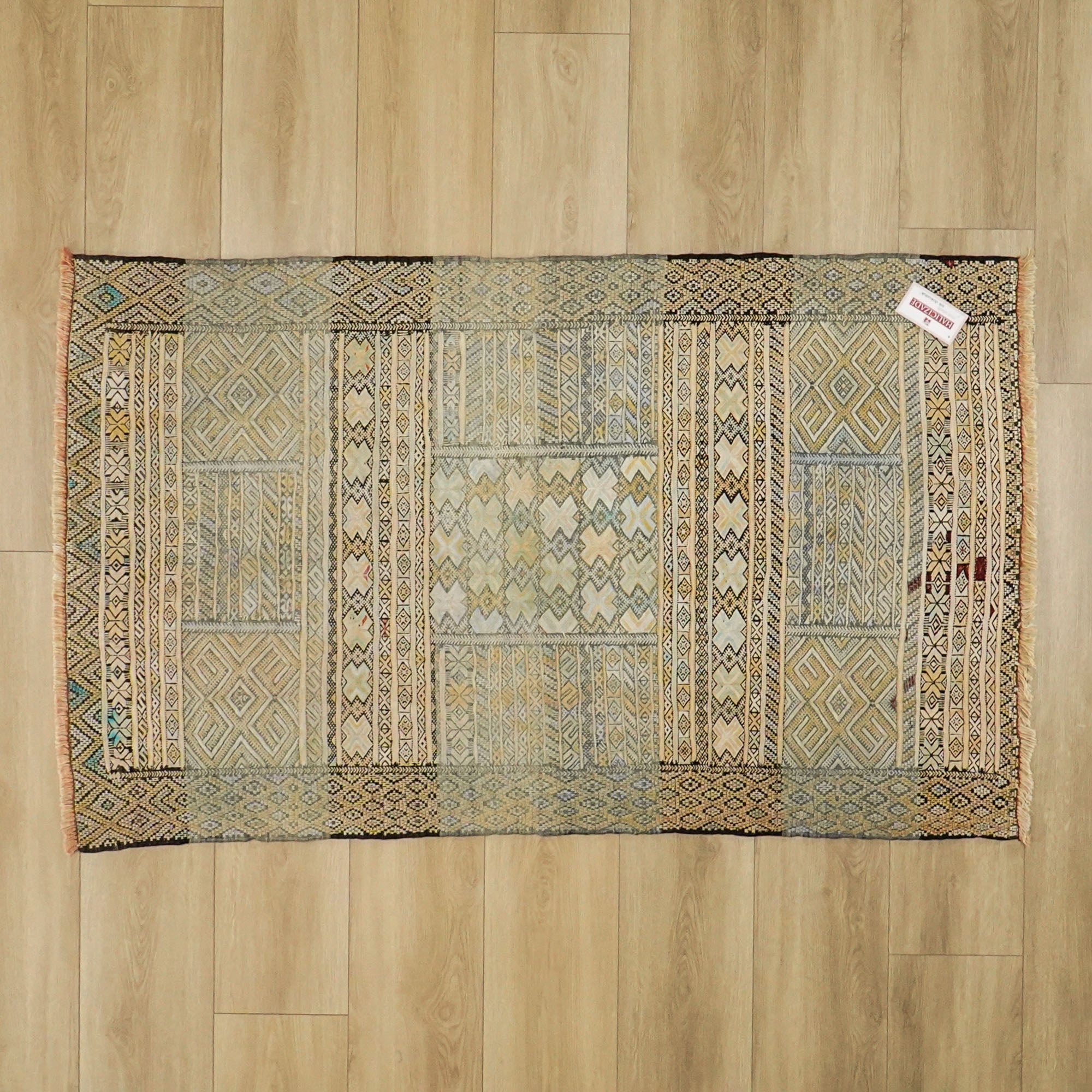 El Dokuma Geometrik Desenli Krem İpekli Afgan Kilimi