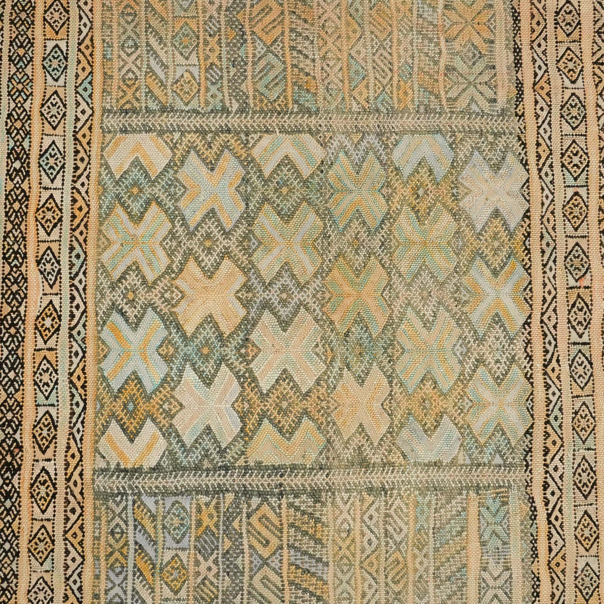 El Dokuma Geometrik Desenli Krem İpekli Afgan Kilimi