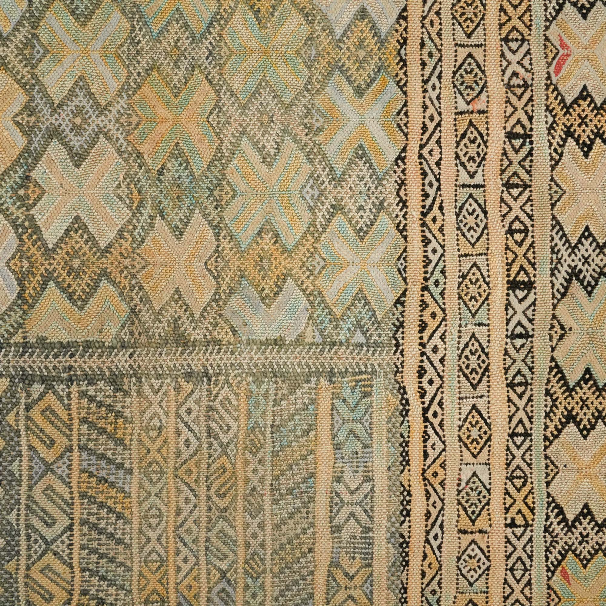 El Dokuma Geometrik Desenli Krem İpekli Afgan Kilimi