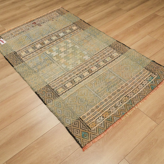 El Dokuma Geometrik Desenli Krem İpekli Afgan Kilimi, 104x168 cm — Halıcızade