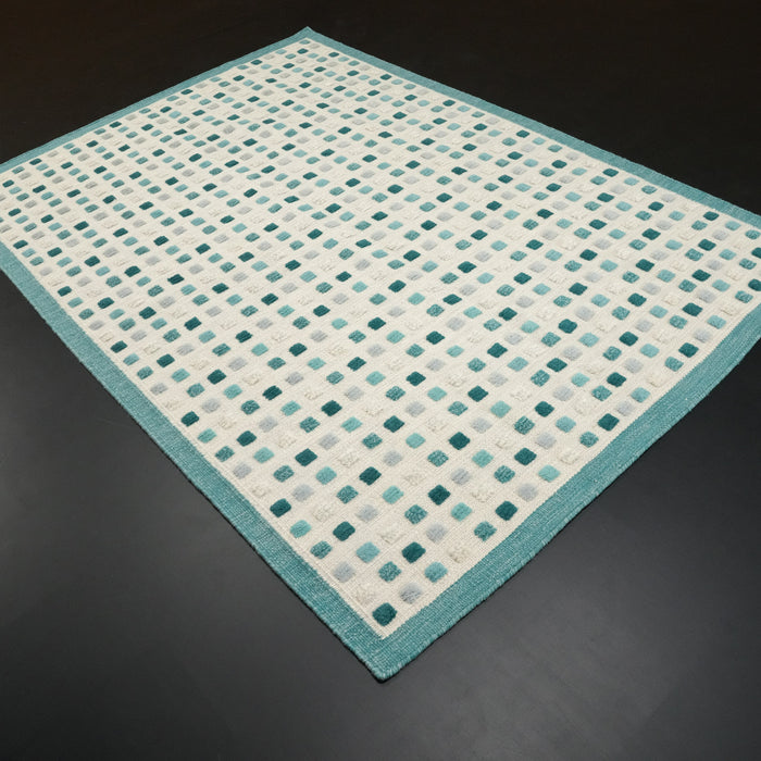 El Dokuma Geometrik Desenli Mavi Yün Kilim, 90x150 – 170x240 cm — Halıcızade