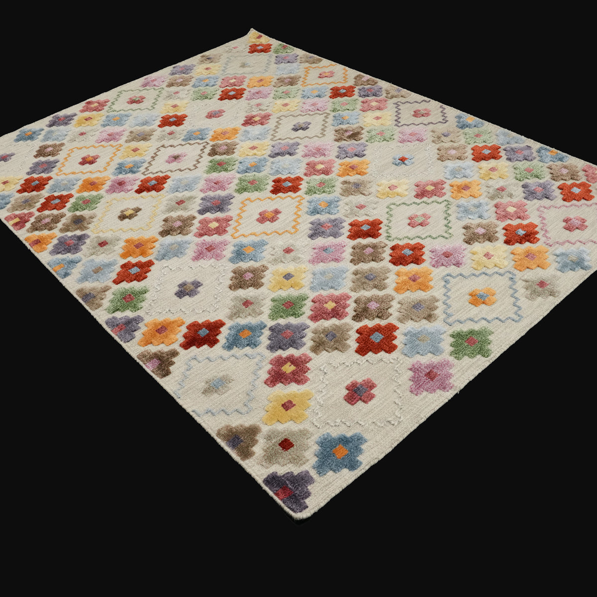 El Dokuma Geometrik Desenli Rengarenk Yün Kilim, 120x180 – 200x300 cm — Halıcızade