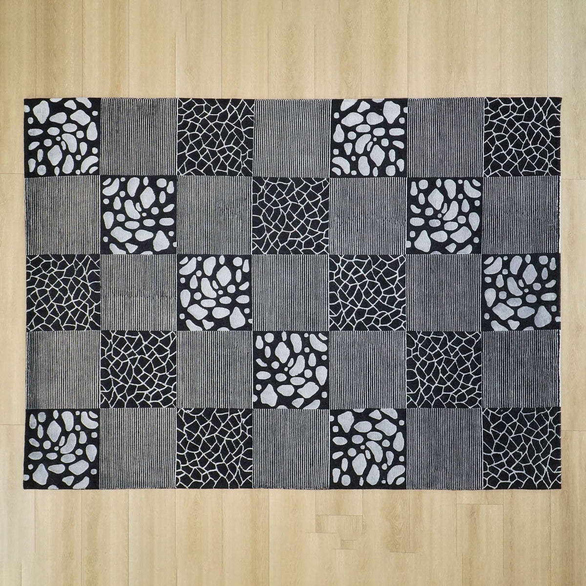 Black Geometric Hand-Knotted Wool Rug — living room rug